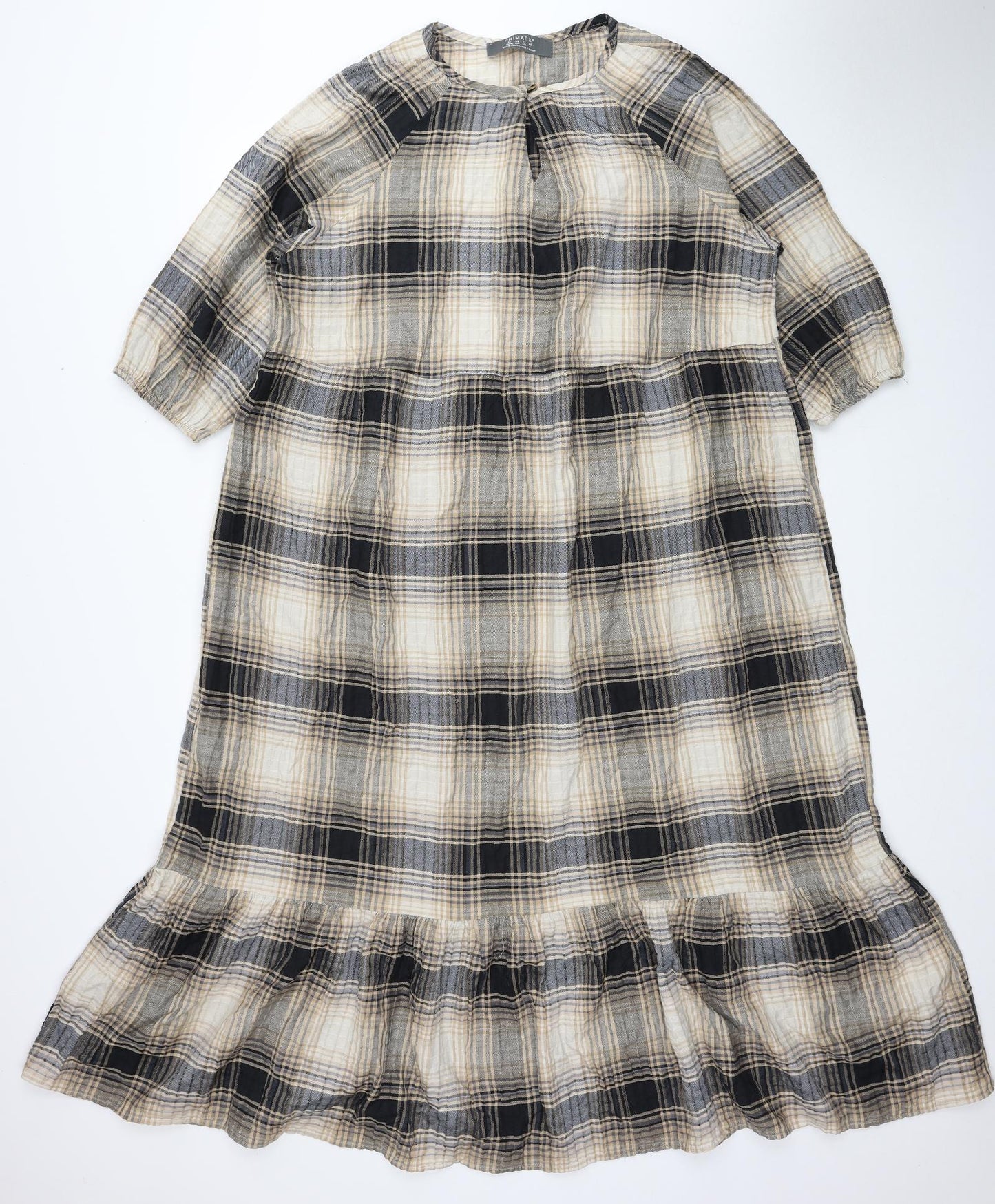 Primark Womens Beige Plaid Cotton A-Line Size 16 Round Neck Button