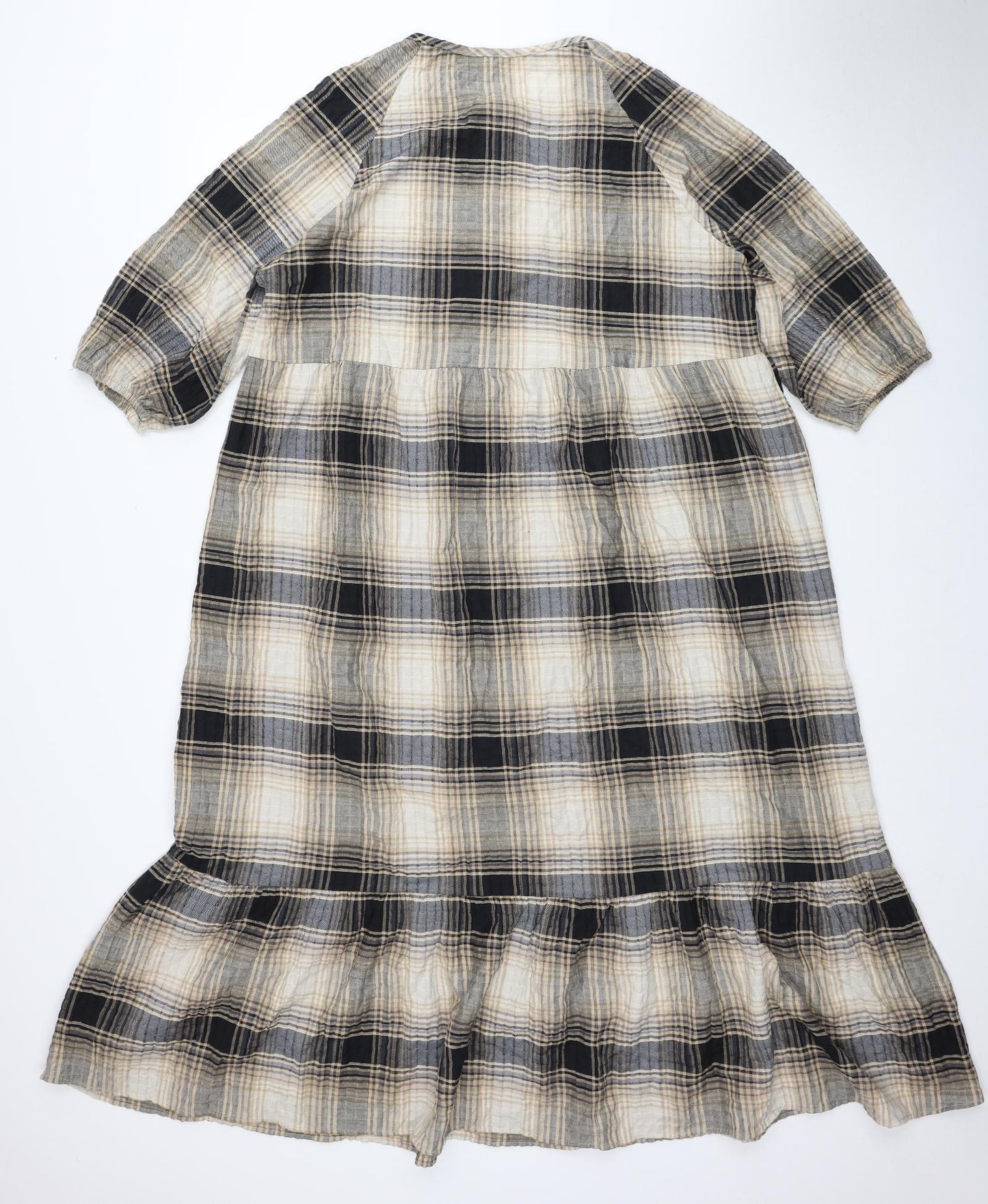 Primark Womens Beige Plaid Cotton A-Line Size 16 Round Neck Button