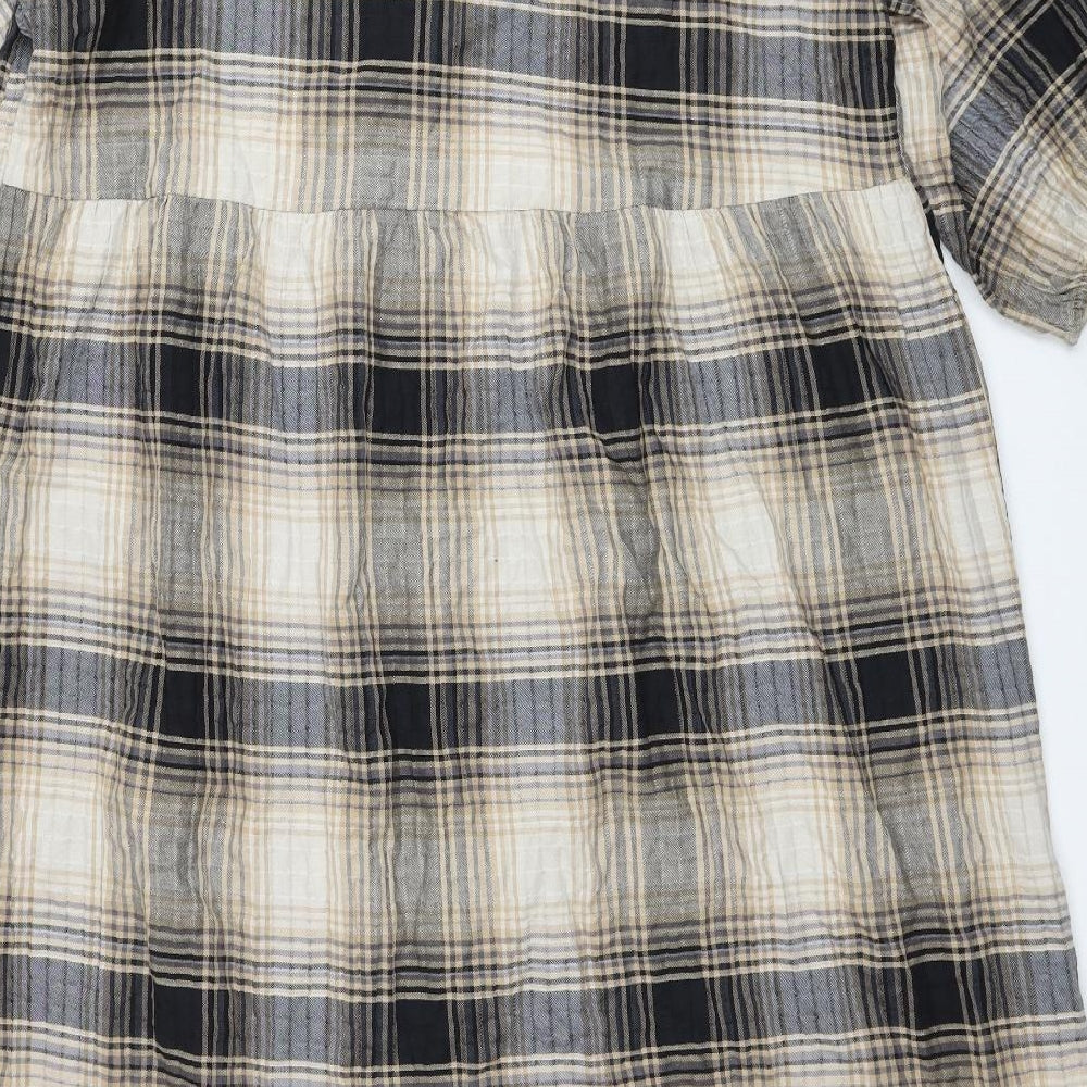 Primark Womens Beige Plaid Cotton A-Line Size 16 Round Neck Button