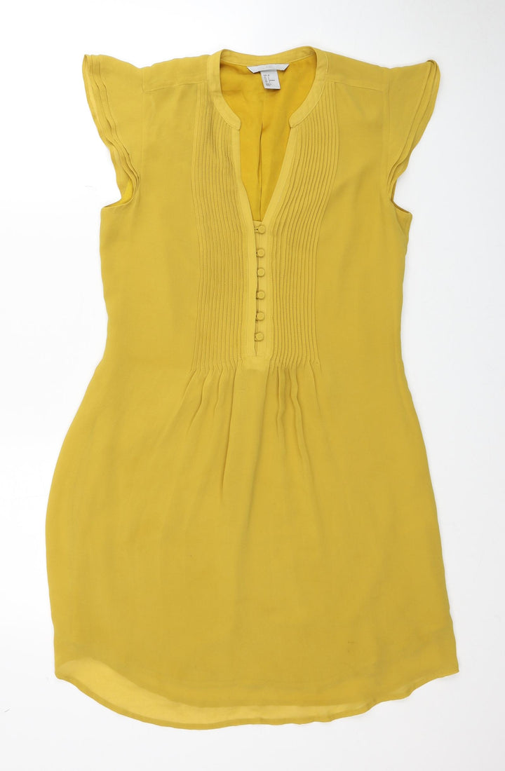 H&M Womens Yellow Polyester Shift Size 8 V-Neck Button