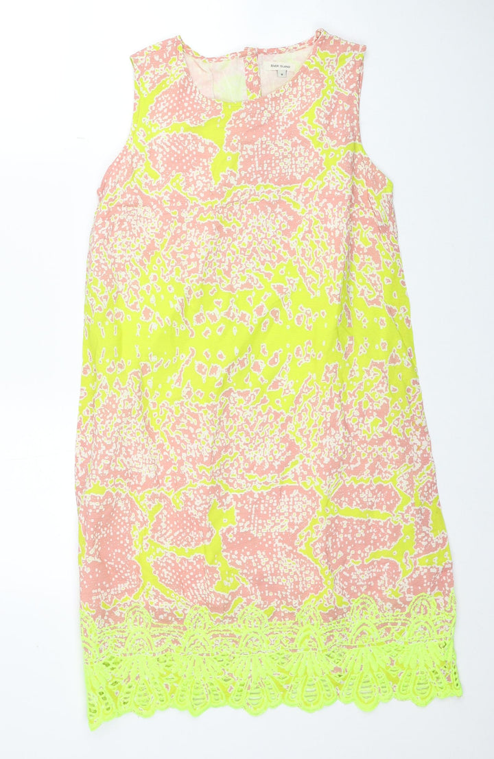 River Island Womens Multicoloured Geometric Viscose Tank Dress Size 8 Boat Neck Button - Lace Trim