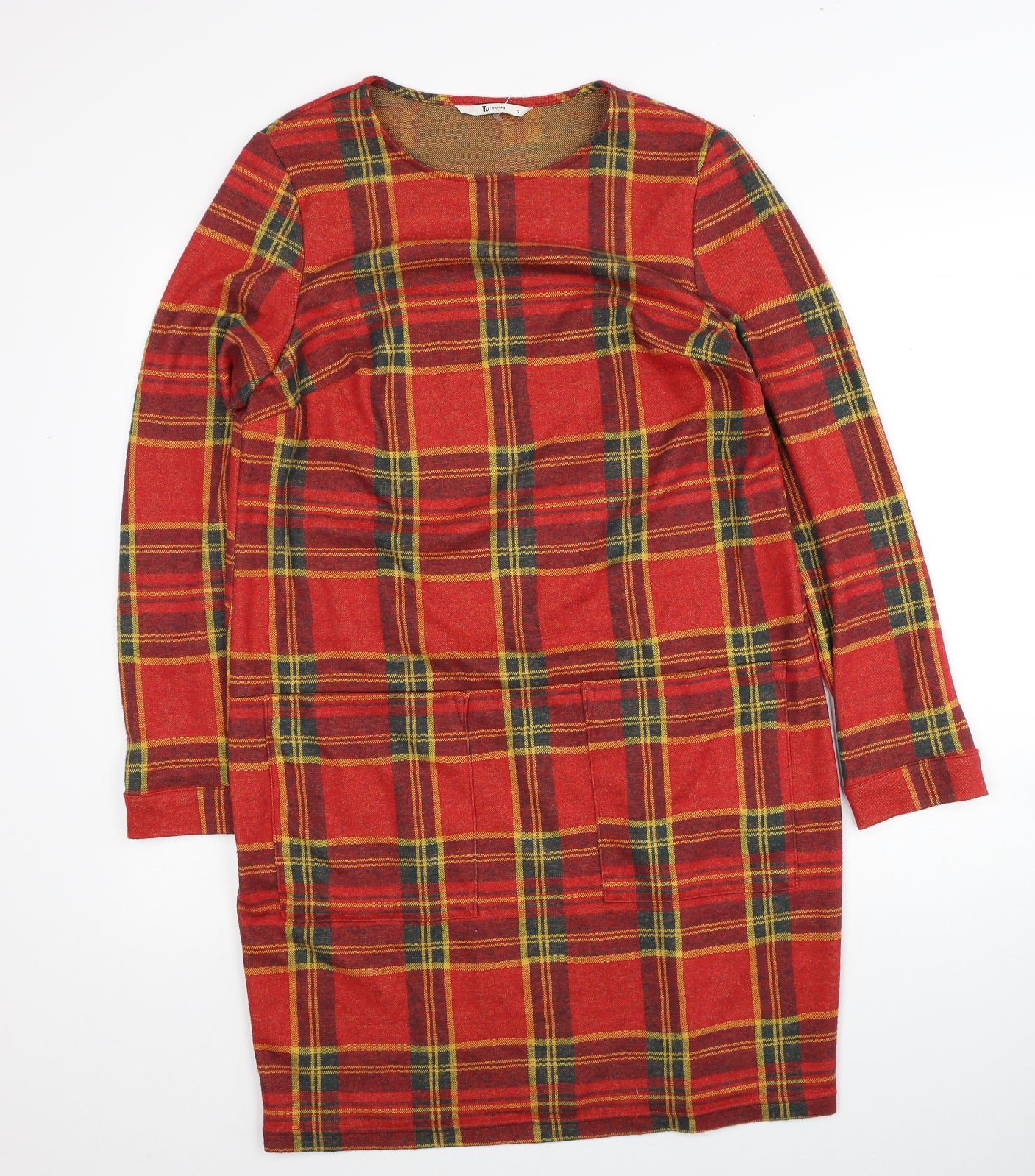 TU Womens Red Plaid Polyester Shift Size 12 Round Neck Pullover
