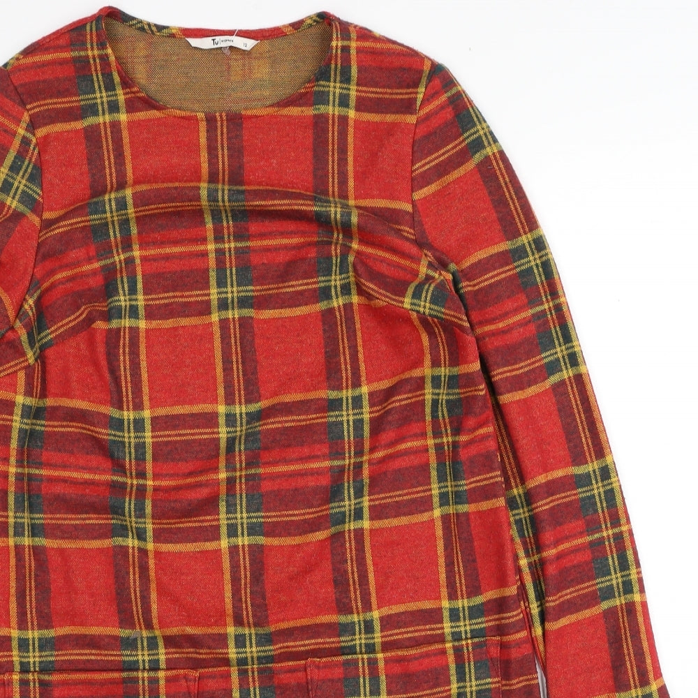 TU Womens Red Plaid Polyester Shift Size 12 Round Neck Pullover