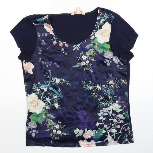 Lipsy Womens Blue Floral Viscose Basic T-Shirt Size 10 Scoop Neck