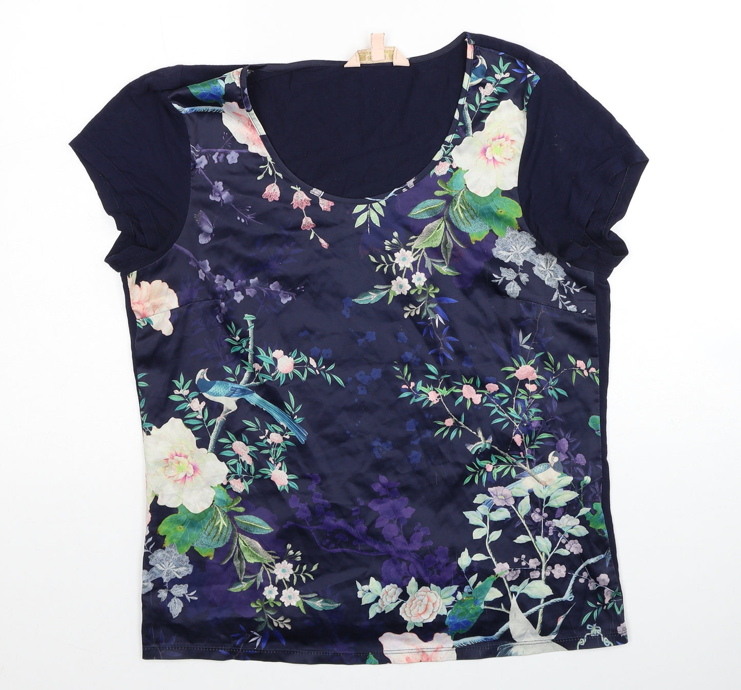 Lipsy Womens Blue Floral Viscose Basic T-Shirt Size 10 Scoop Neck