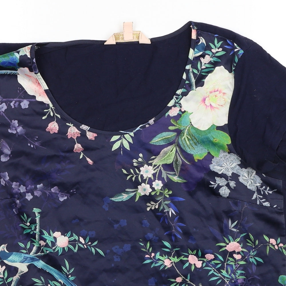 Lipsy Womens Blue Floral Viscose Basic T-Shirt Size 10 Scoop Neck