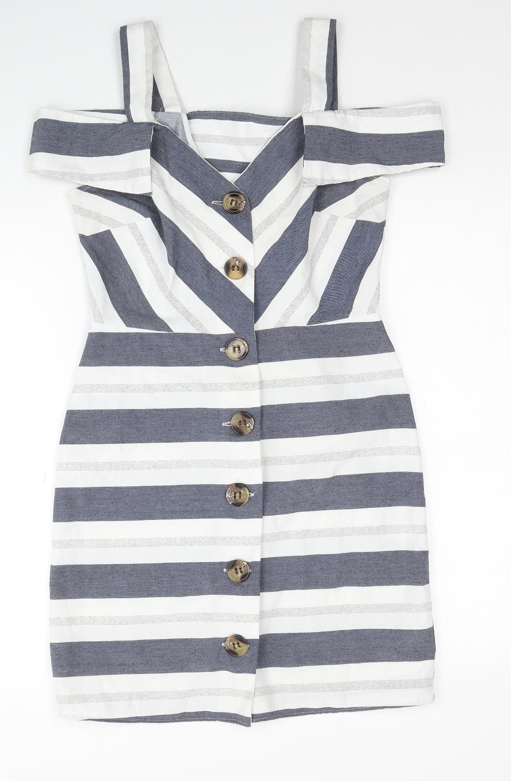 River Island Womens Blue Striped Cotton Mini Size 10 V-Neck Button