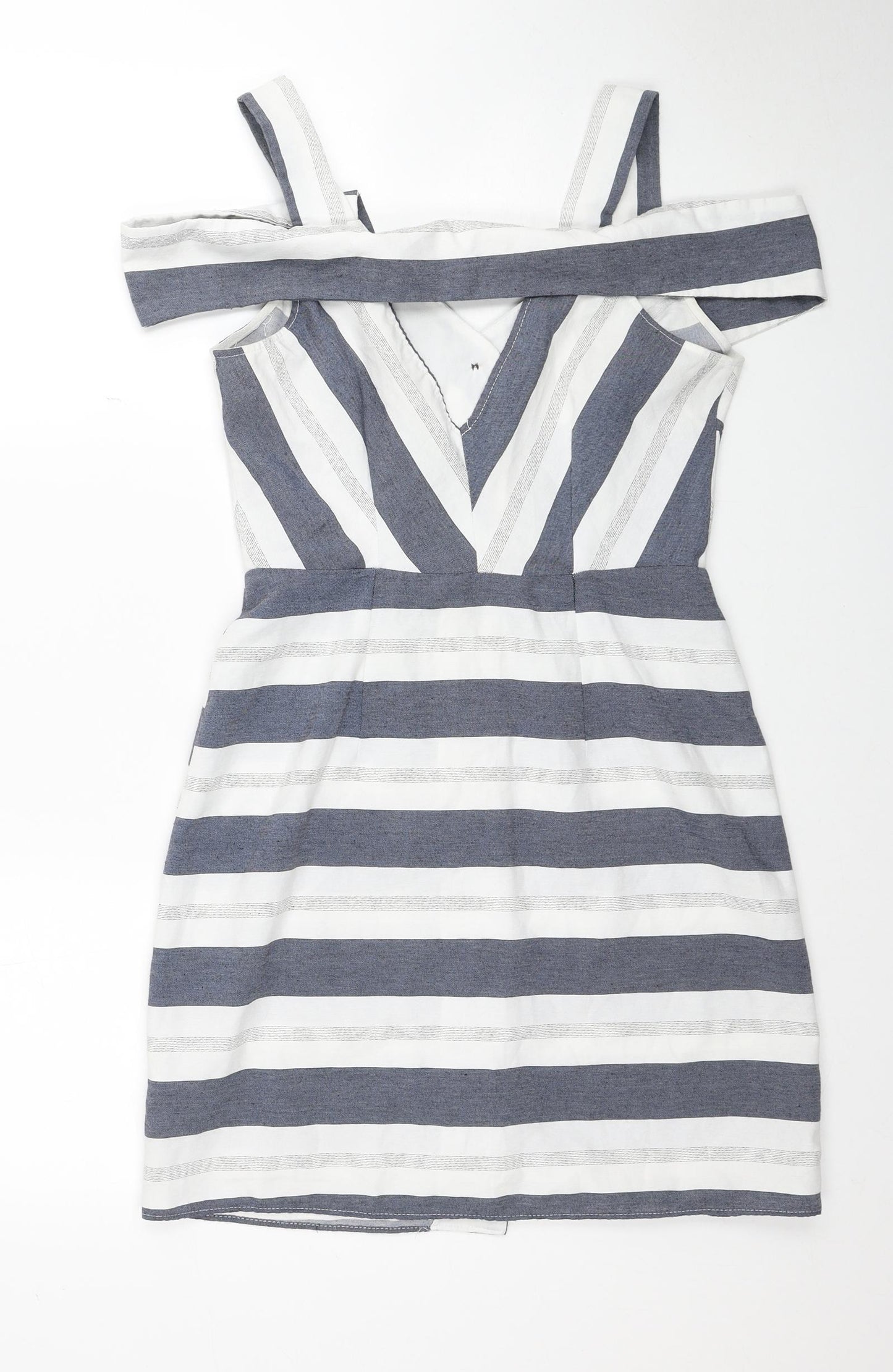 River Island Womens Blue Striped Cotton Mini Size 10 V-Neck Button
