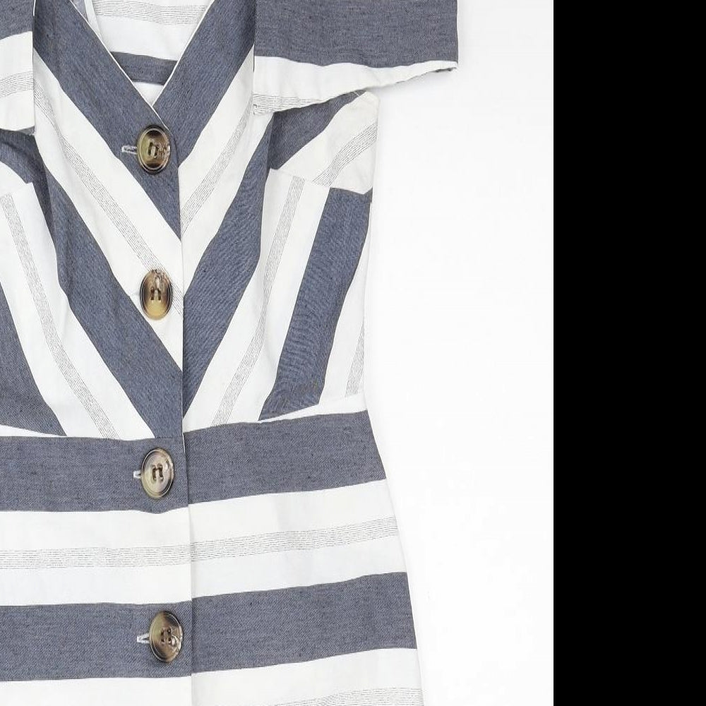River Island Womens Blue Striped Cotton Mini Size 10 V-Neck Button