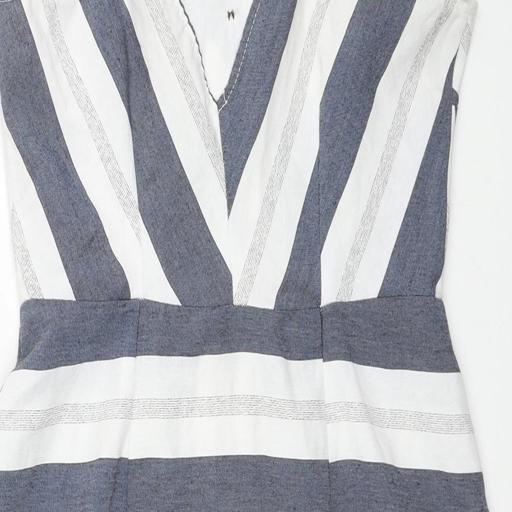 River Island Womens Blue Striped Cotton Mini Size 10 V-Neck Button