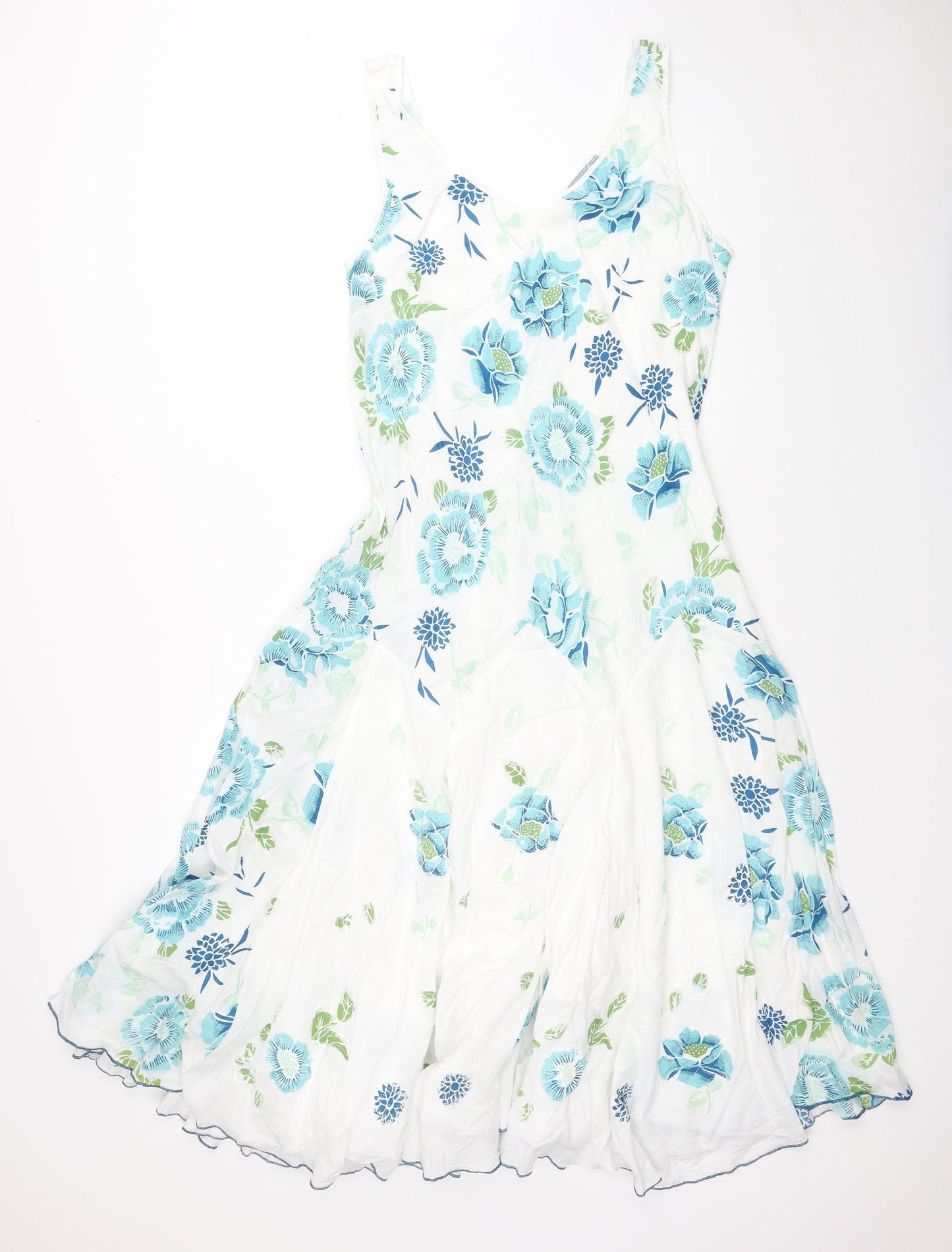 Preworn Womens White Floral Cotton Fit & Flare Size 14 Scoop Neck Pullover
