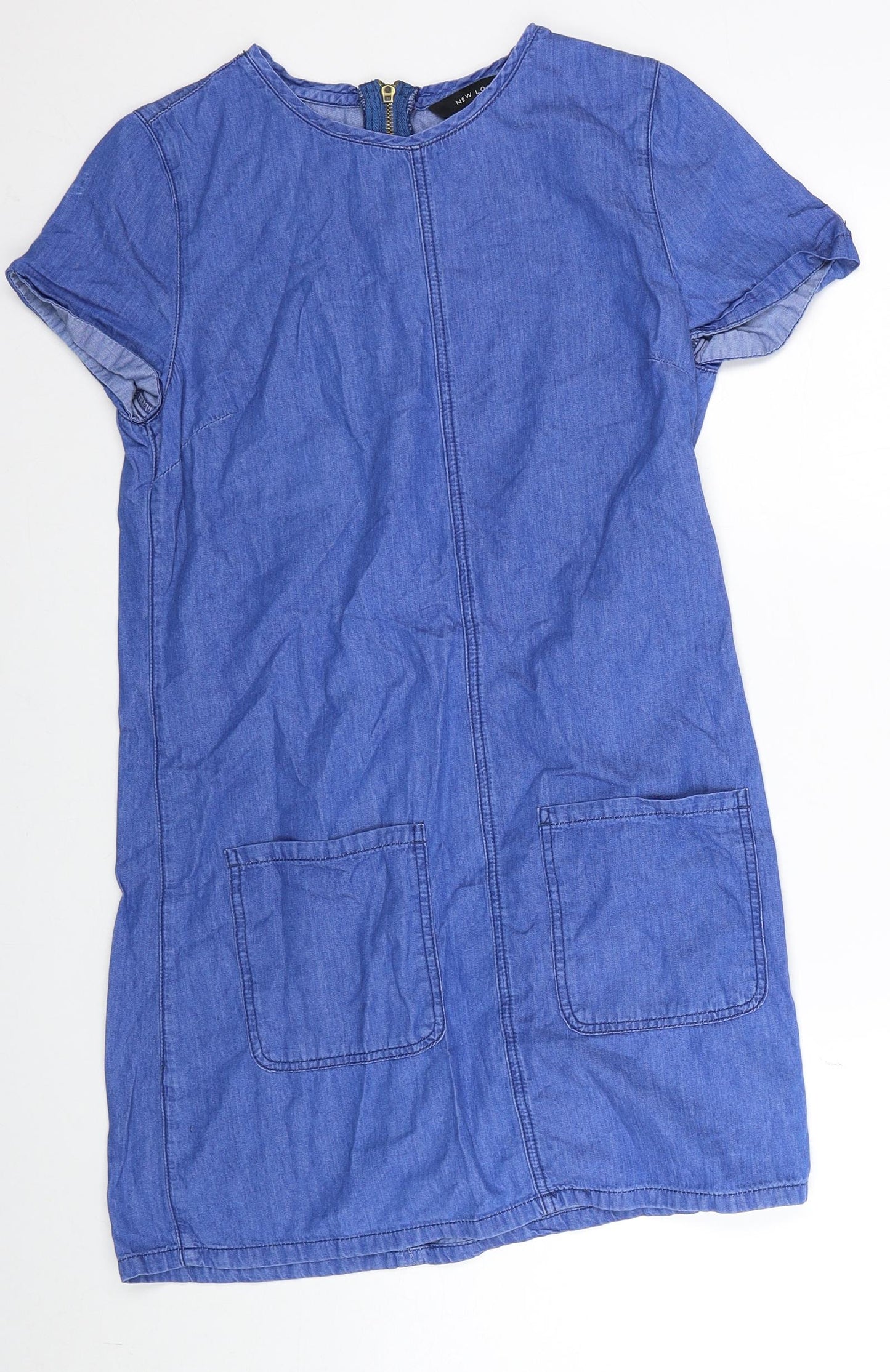 New Look Womens Blue Cotton Shift Size 10 Boat Neck Zip