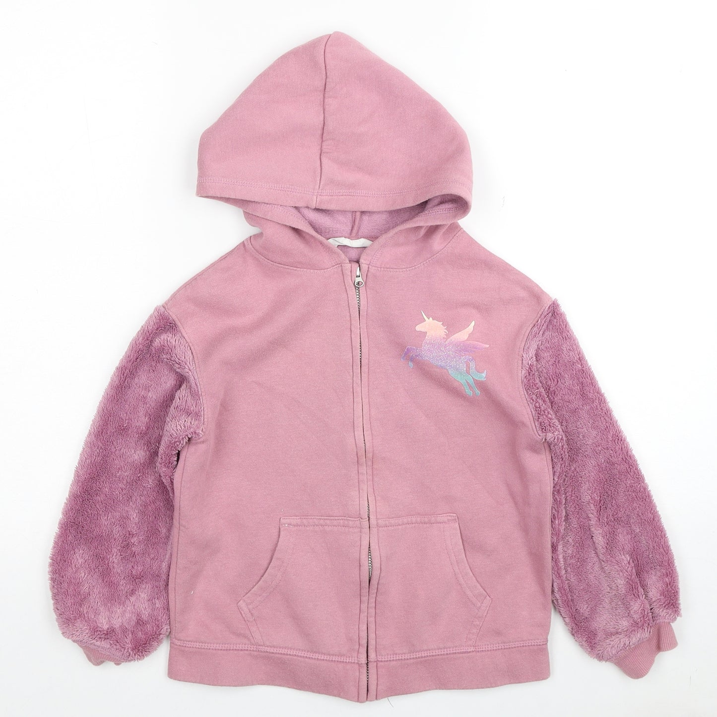 H&M Girls Pink Cotton Full Zip Hoodie Size 7-8 Years Zip - Unicorn print