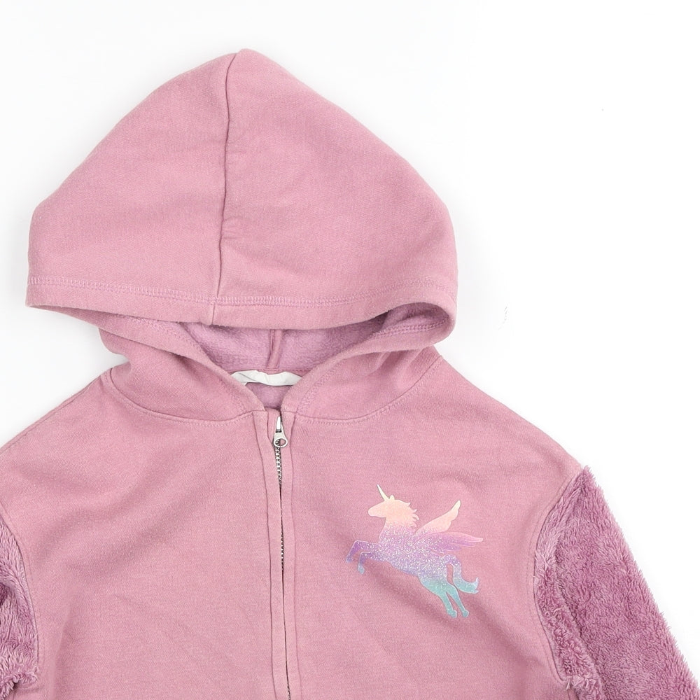 H&M Girls Pink Cotton Full Zip Hoodie Size 7-8 Years Zip - Unicorn print