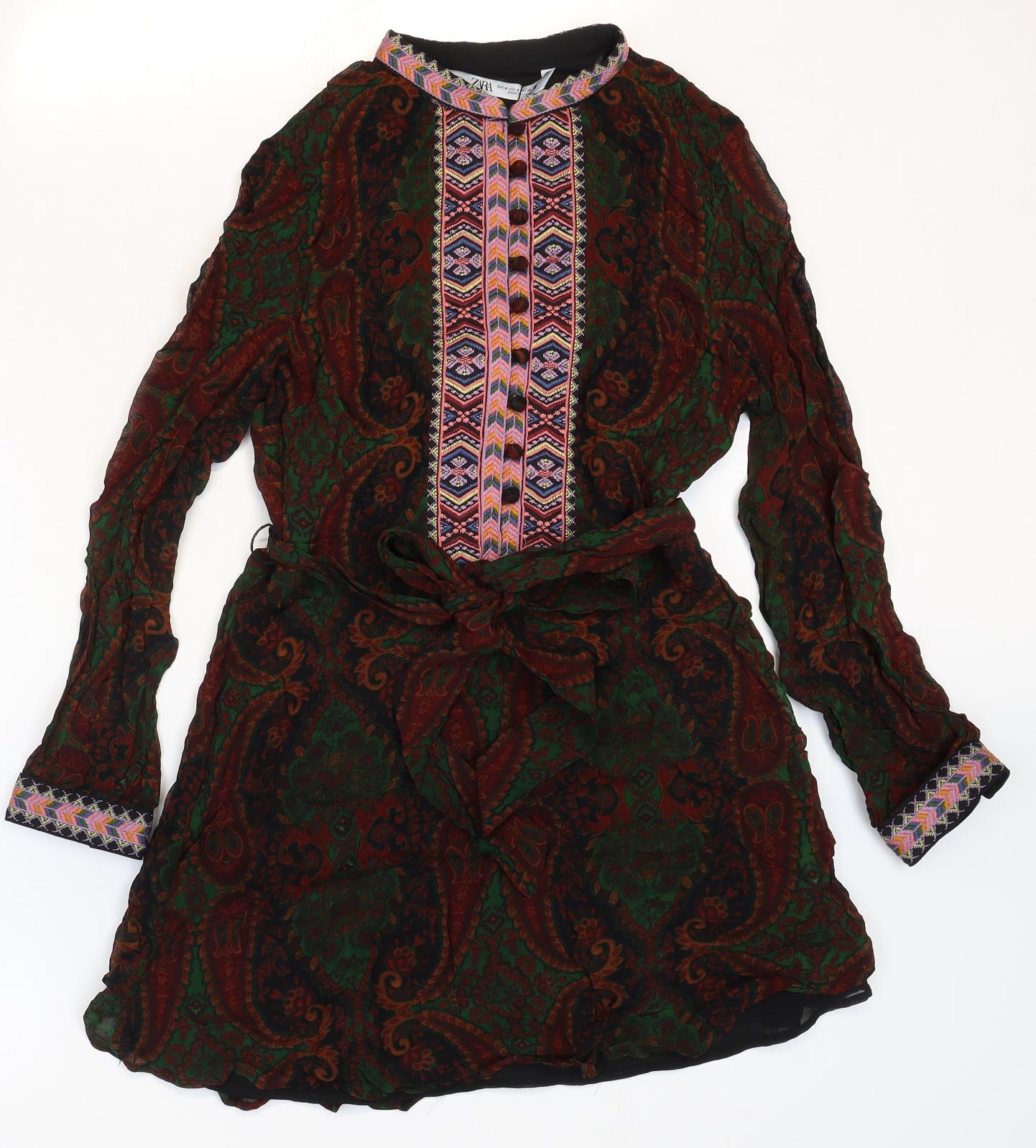 Zara Womens Multicoloured Paisley Polyester Fit & Flare Size M Mock Neck Button