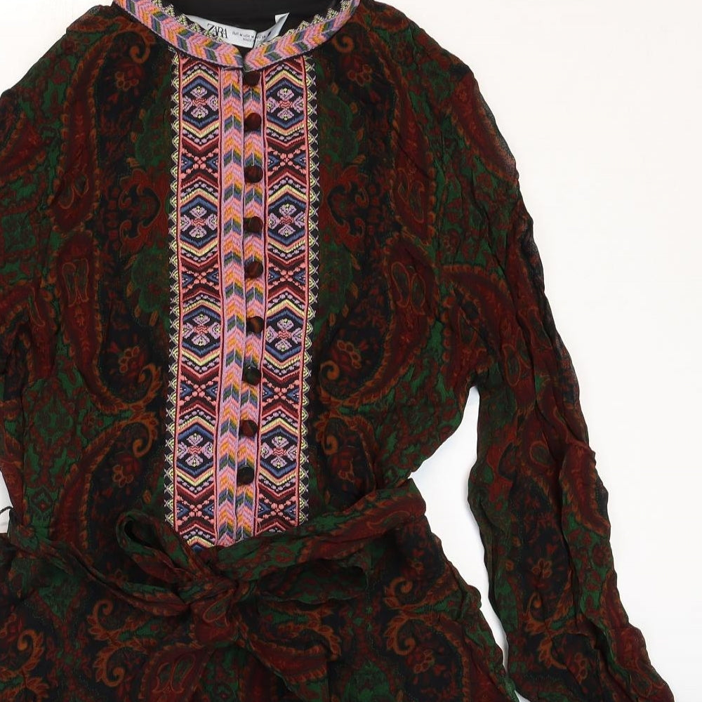 Zara Womens Multicoloured Paisley Polyester Fit & Flare Size M Mock Neck Button