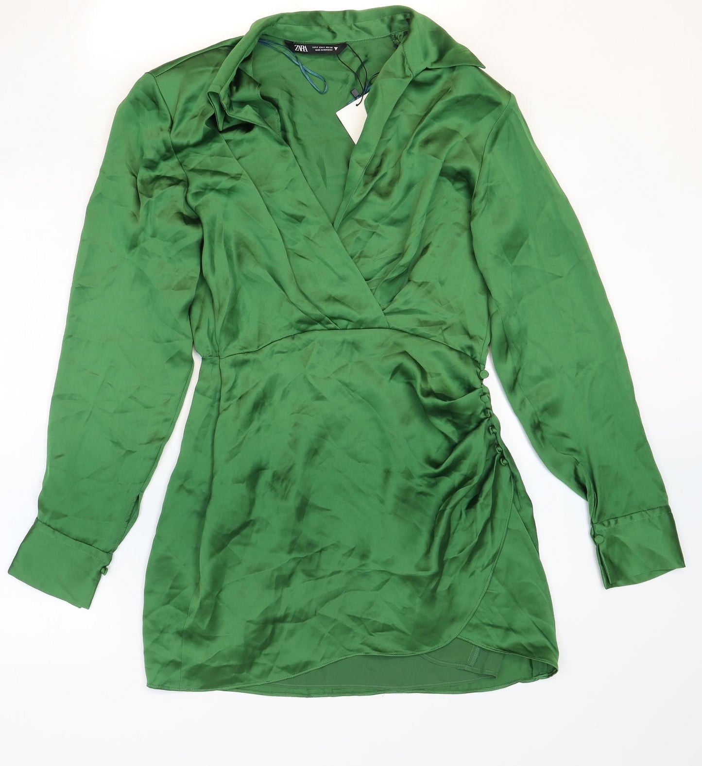 Zara Womens Green Polyester Shirt Dress Size S Collared