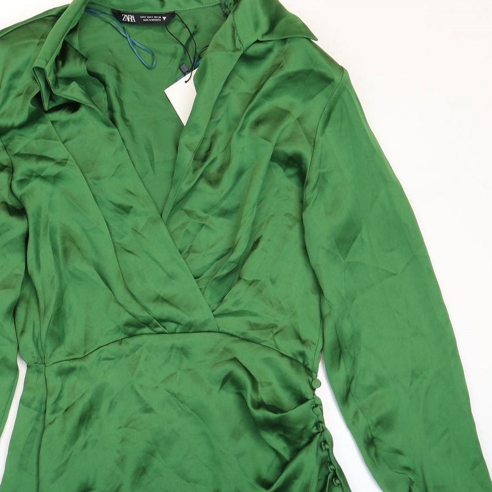Zara Womens Green Polyester Shirt Dress Size S Collared