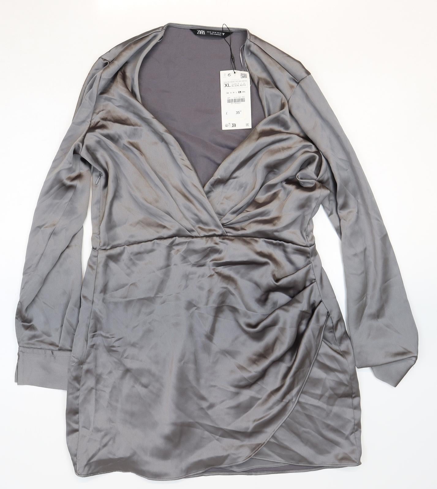 Zara Womens Grey Polyester Shirt Dress Size XL V-Neck