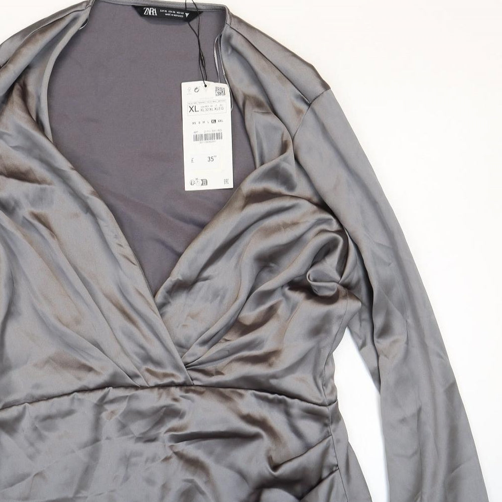 Zara Womens Grey Polyester Shirt Dress Size XL V-Neck