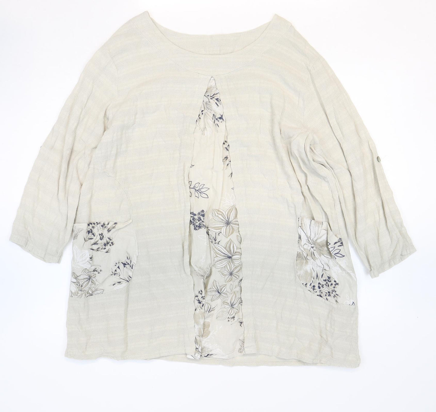 Preworn Womens Beige 100% Cotton Basic Blouse One Size Round Neck