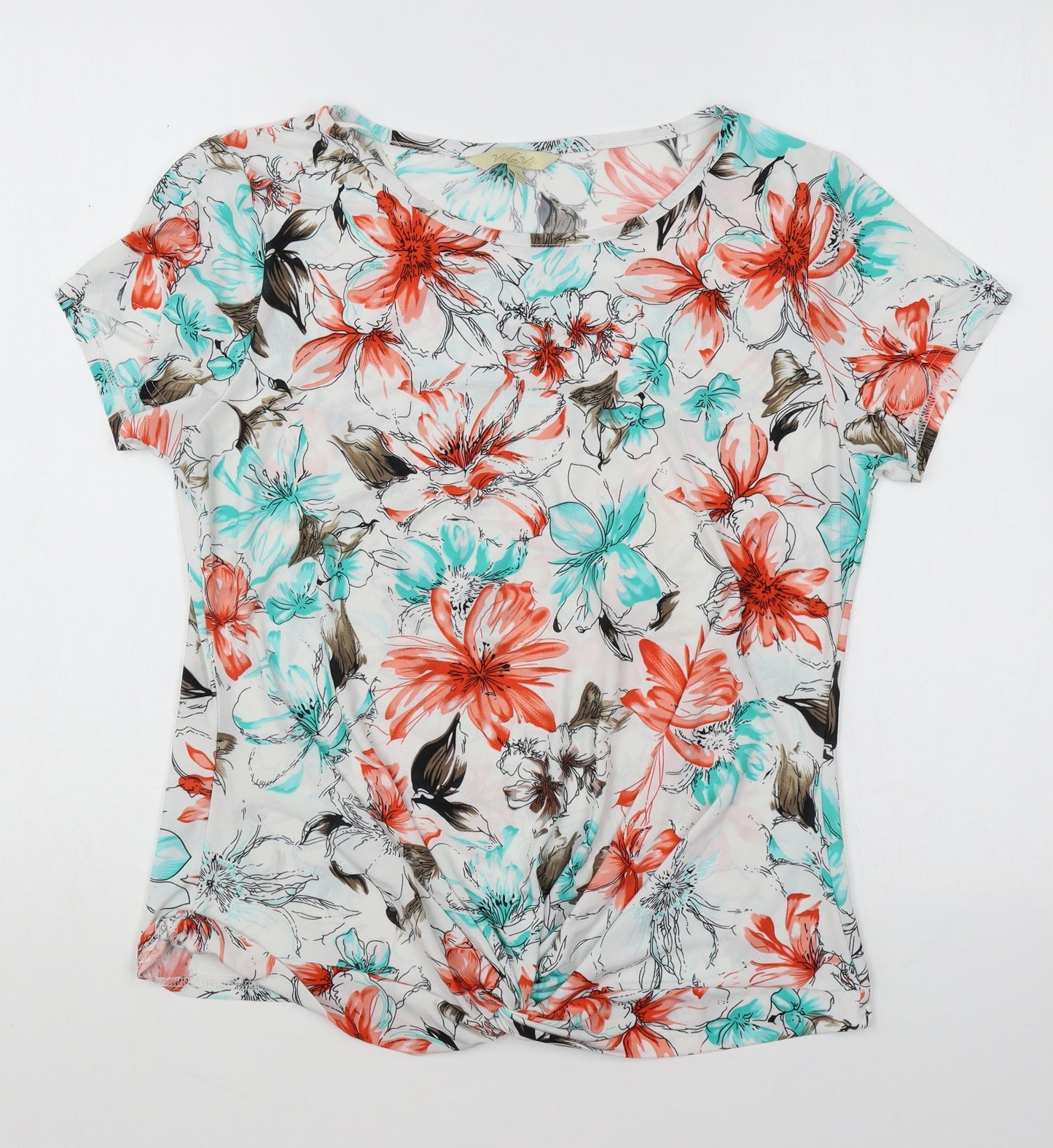 Vida Vi Womens Multicoloured Geometric Polyester Basic T-Shirt Size 14 Round Neck