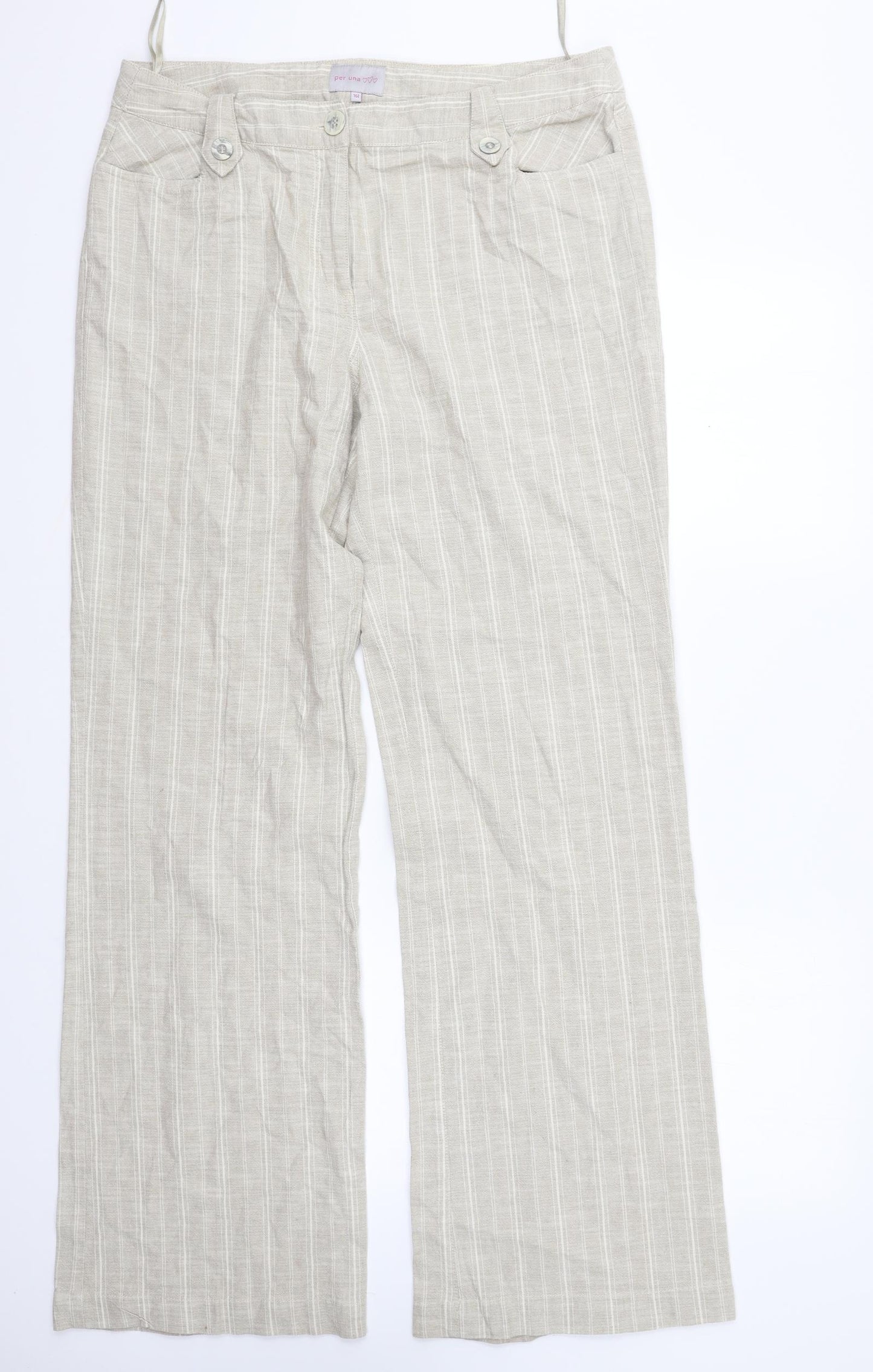 Per Una Womens Beige Striped Cotton Blend Dress Pants Trousers Size 16 L34 in Regular Zip