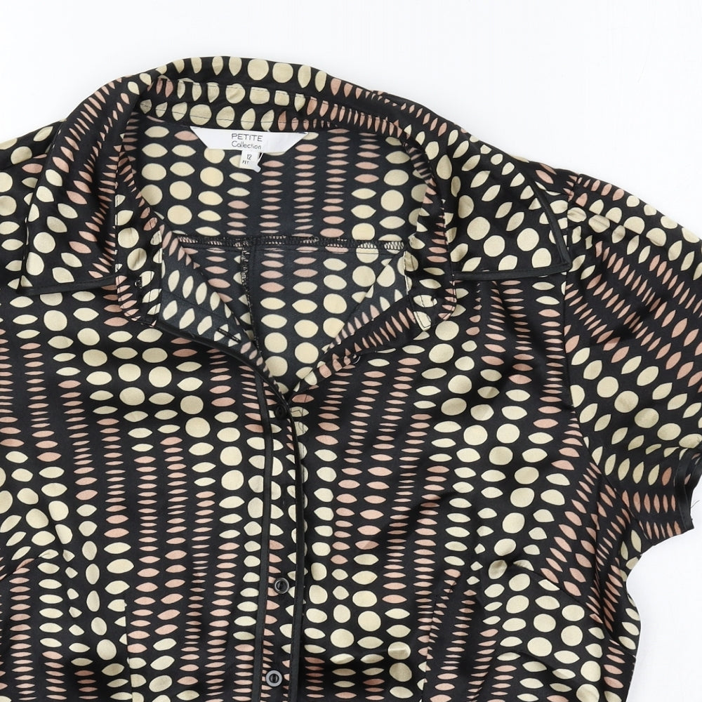 Petite Collection Womens Black Geometric Polyester Basic Button-Up Size 12 Collared