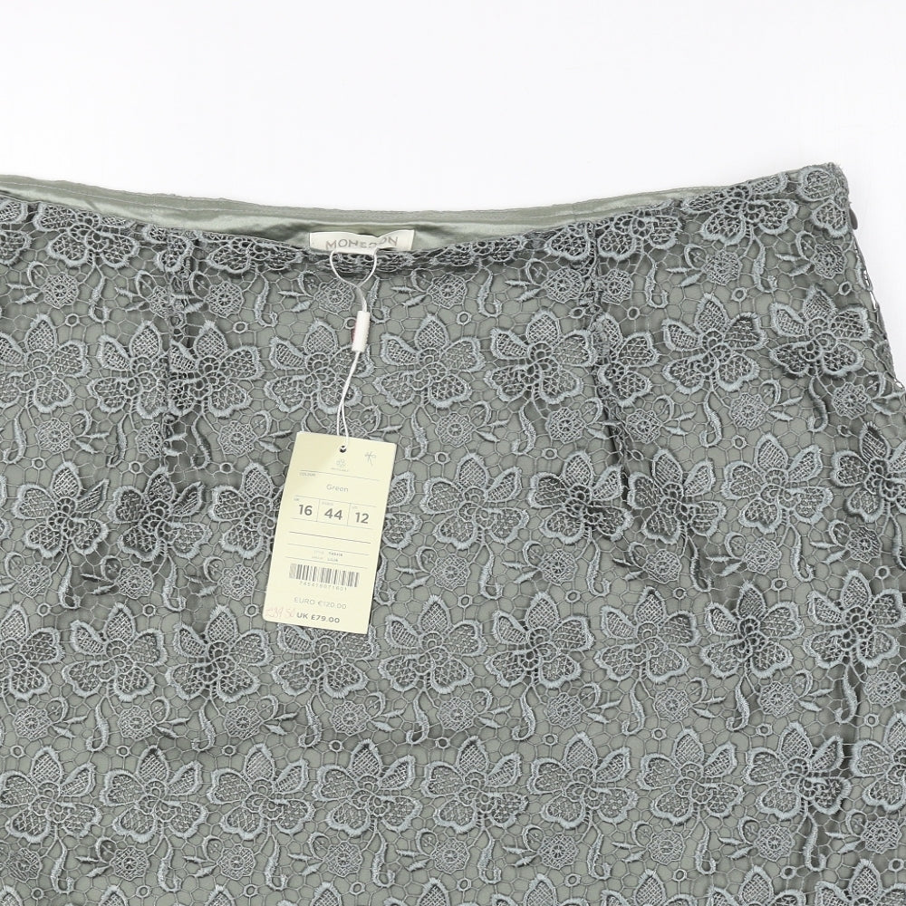 Monsoon Womens Green Floral Polyester A-Line Skirt Size 16 Zip