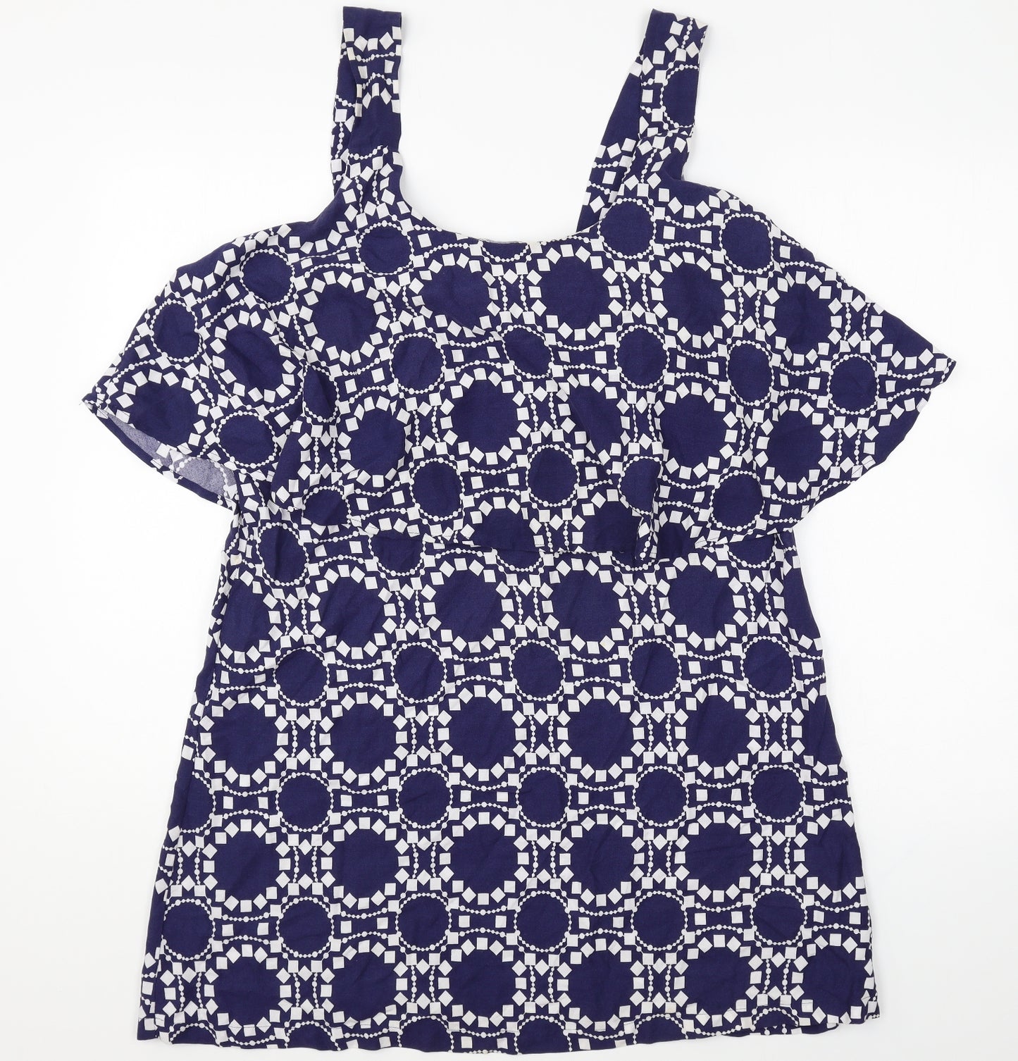 Papaya Womens Blue Geometric Cotton Basic Blouse Size 14 Round Neck - Cold shoulder