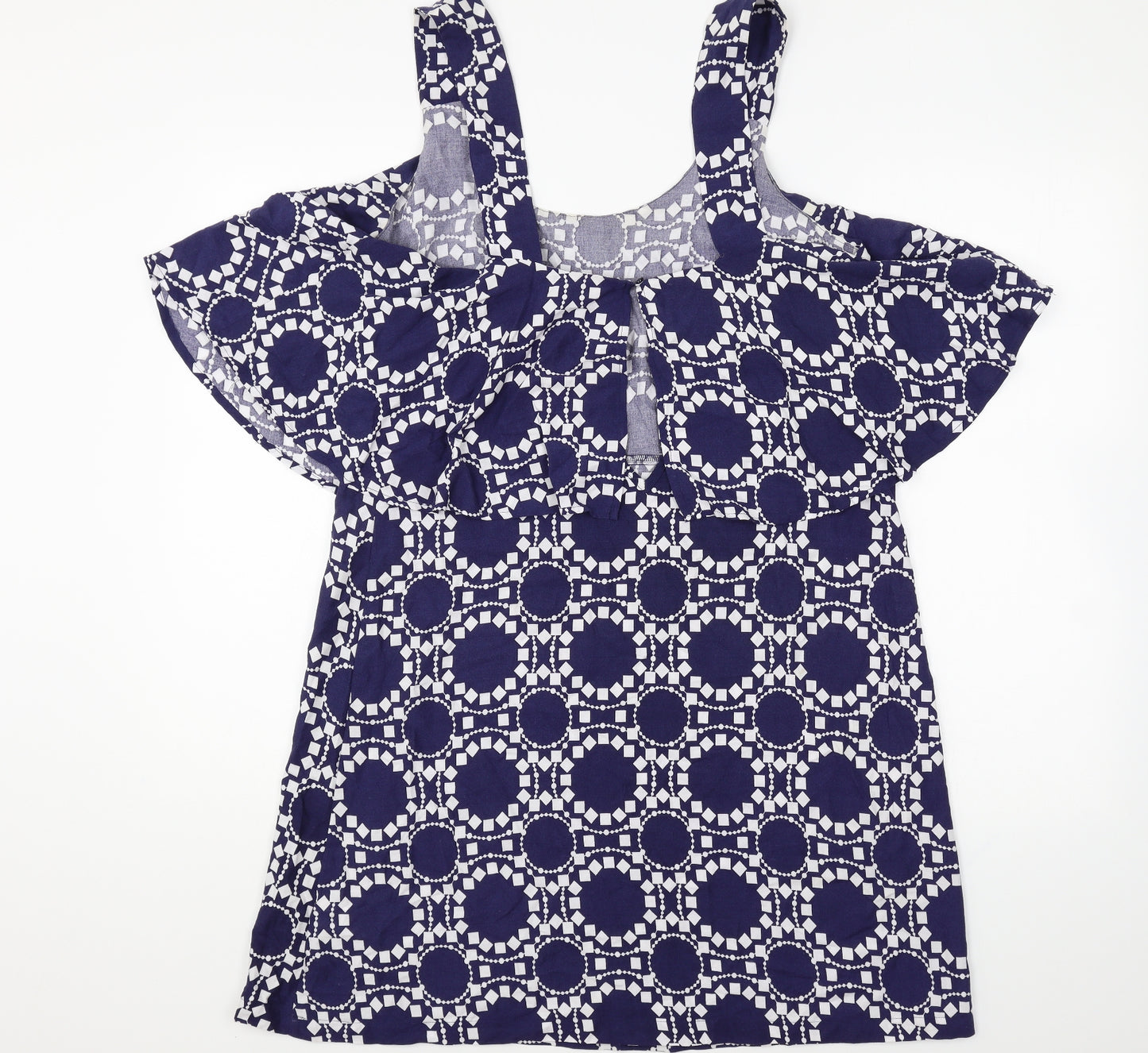 Papaya Womens Blue Geometric Cotton Basic Blouse Size 14 Round Neck - Cold shoulder