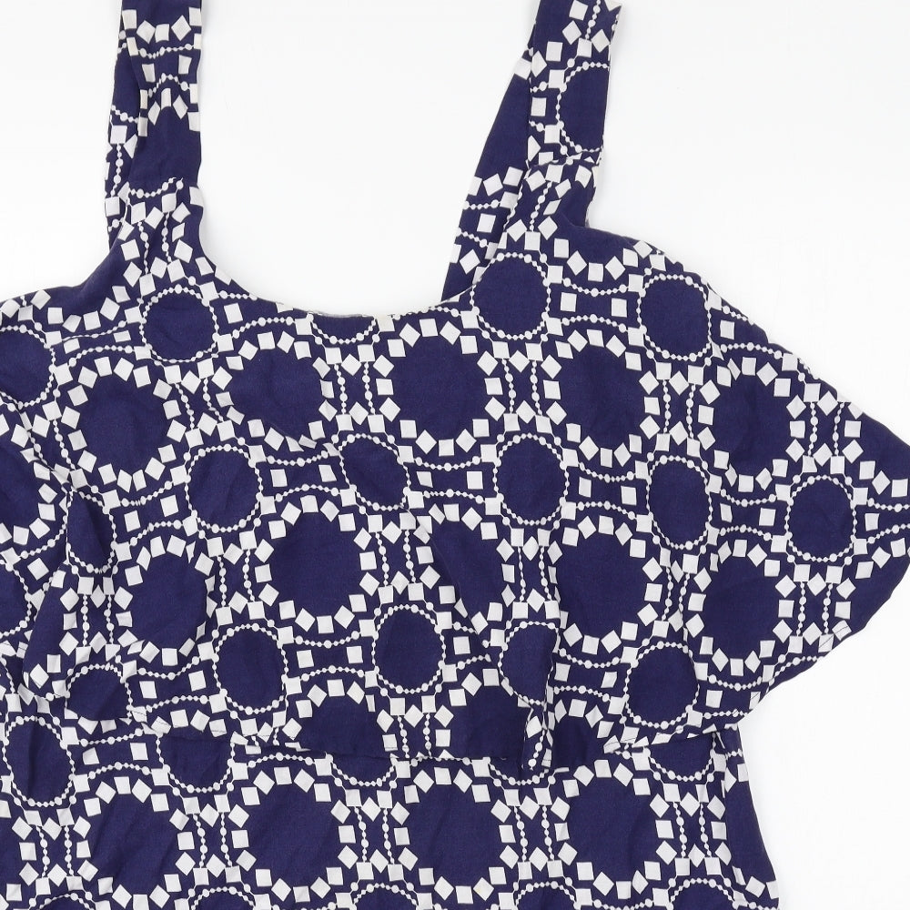 Papaya Womens Blue Geometric Cotton Basic Blouse Size 14 Round Neck - Cold shoulder