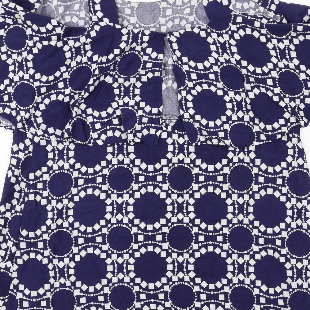 Papaya Womens Blue Geometric Cotton Basic Blouse Size 14 Round Neck - Cold shoulder