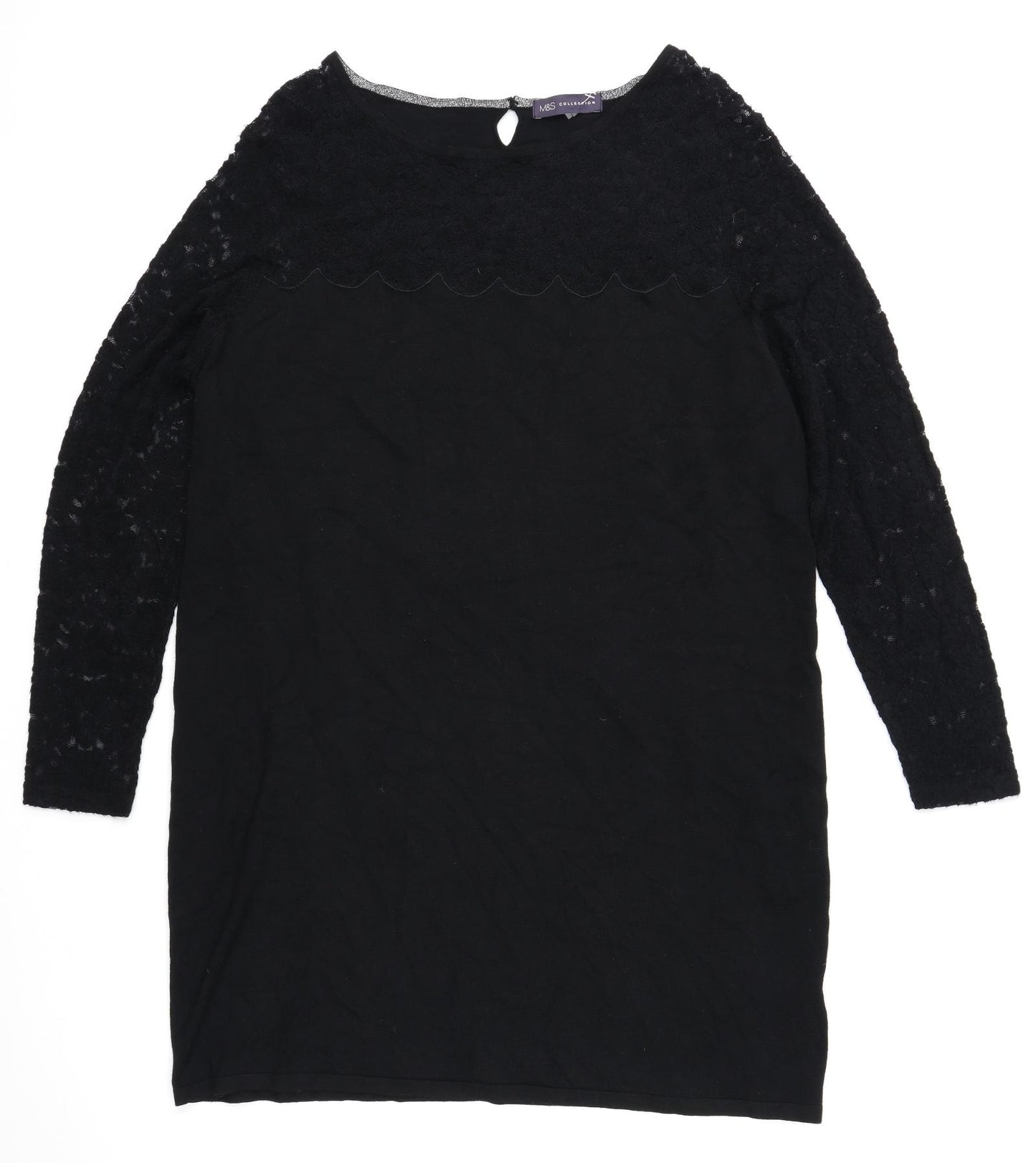 Marks and Spencer Womens Black Polyester Basic T-Shirt Size 22 Boat Neck - Lace Overlay