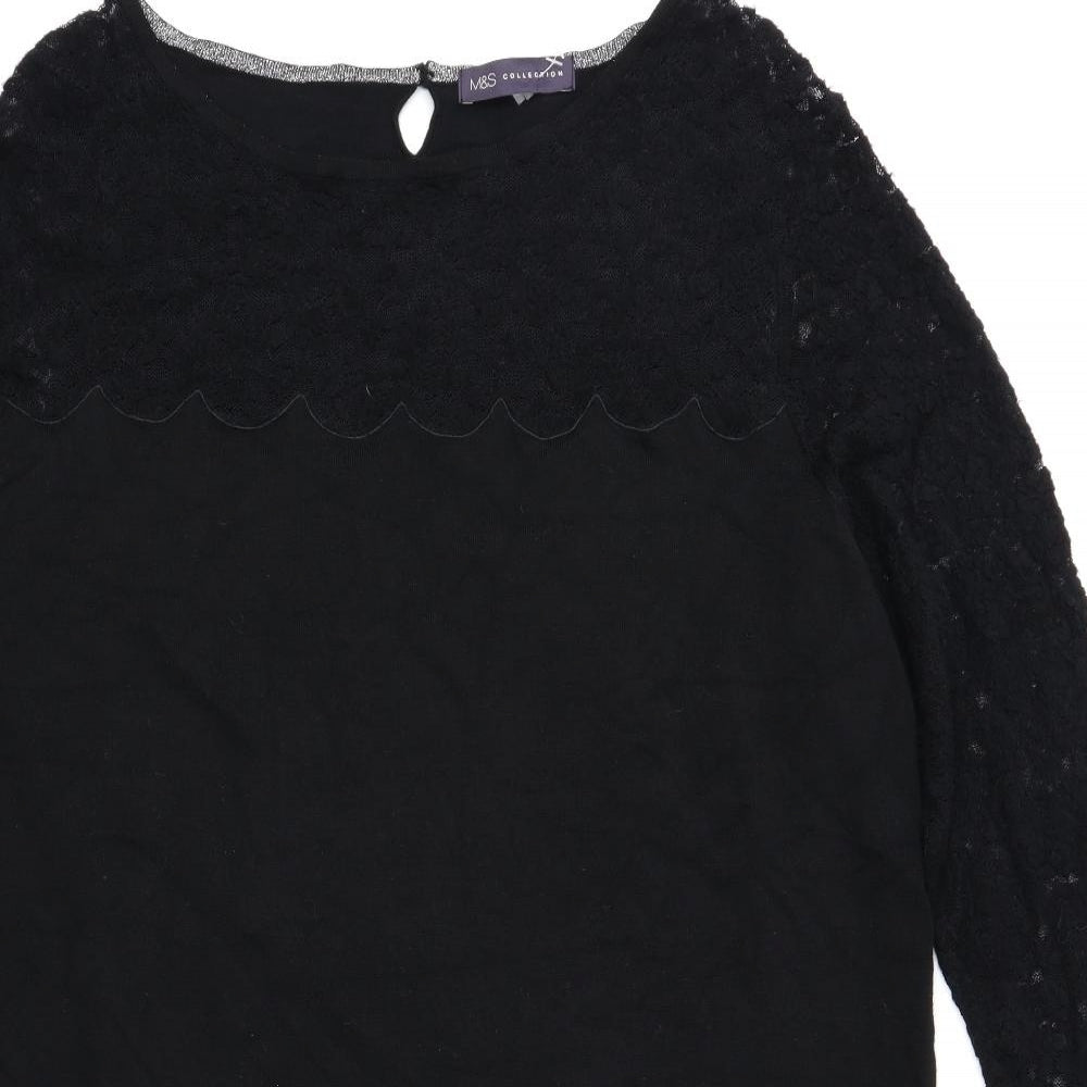 Marks and Spencer Womens Black Polyester Basic T-Shirt Size 22 Boat Neck - Lace Overlay