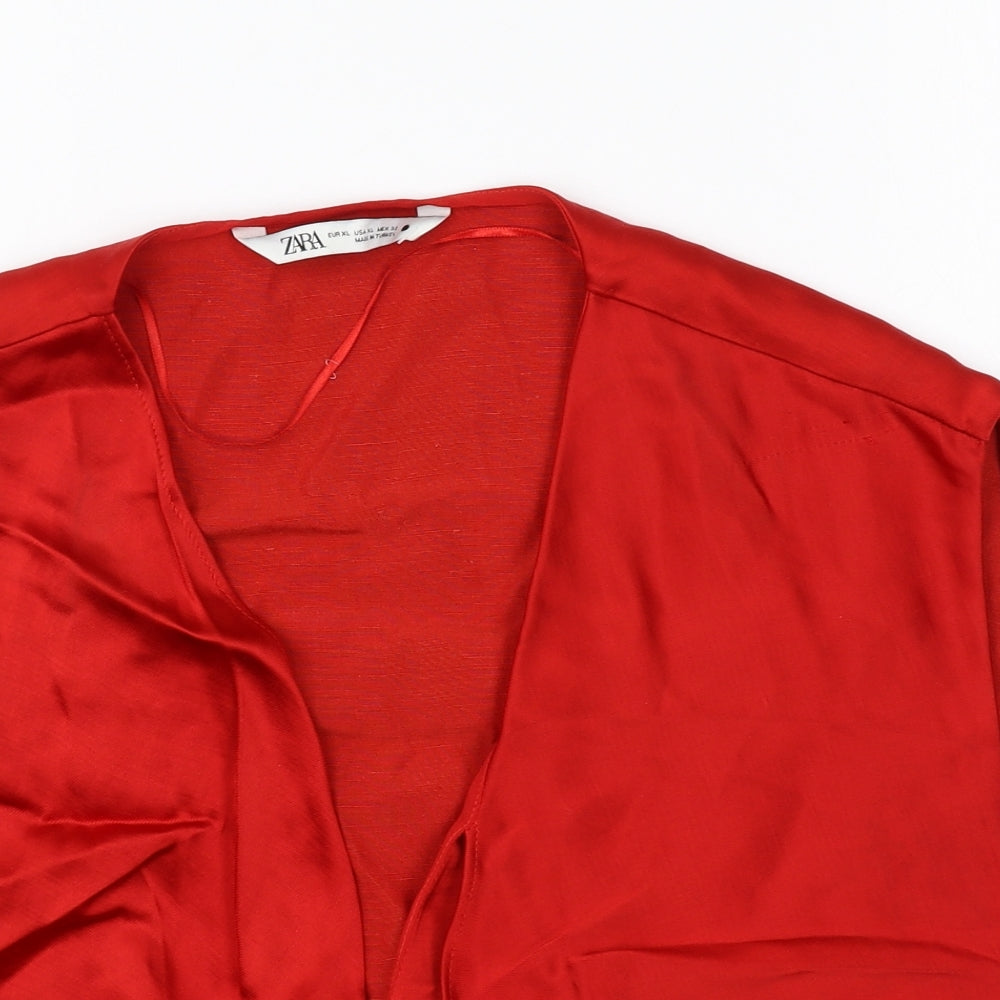 Zara Womens Red Polyester Basic Blouse Size XL V-Neck