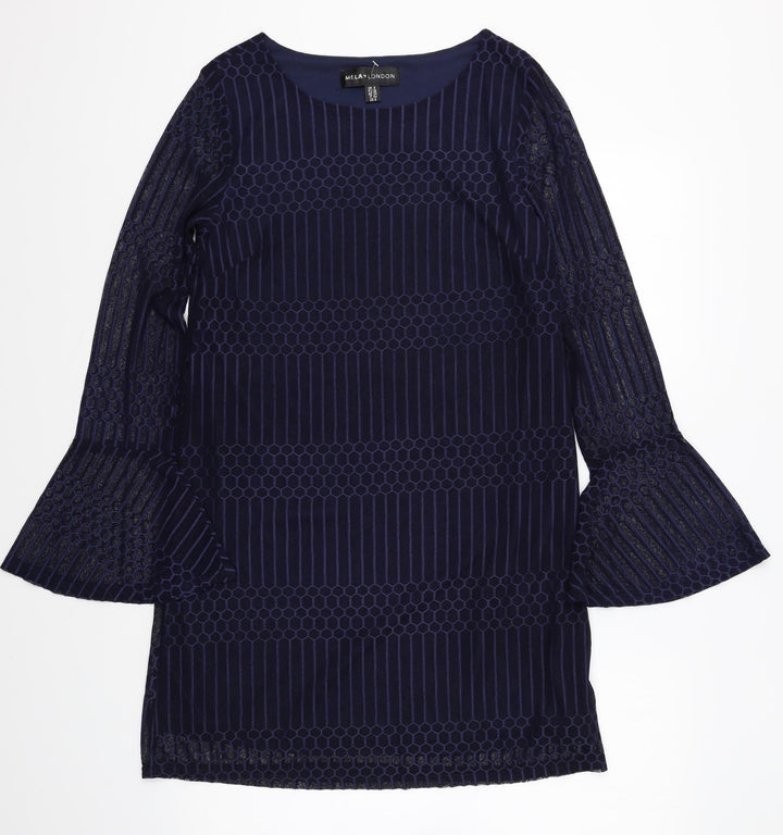 Mela London Womens Blue Geometric Polyester Shift Size 8 Boat Neck Pullover