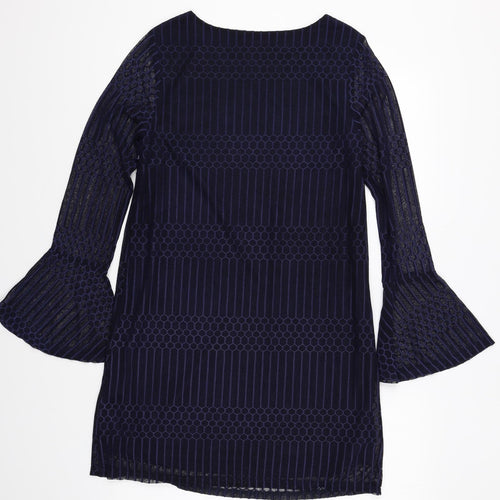 Mela London Womens Blue Geometric Polyester Shift Size 8 Boat Neck Pullover