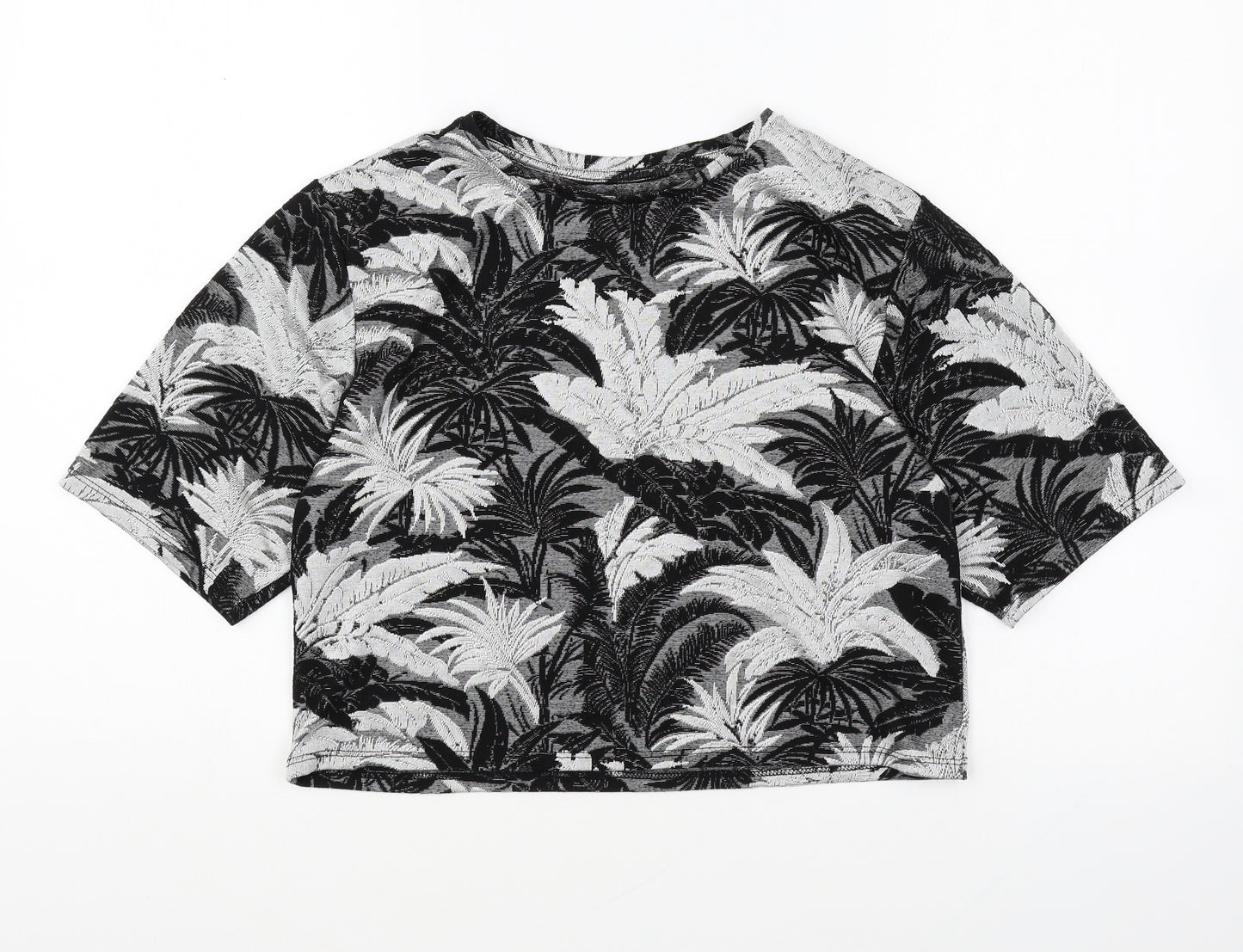 Topshop Womens Grey Geometric Polyester Cropped T-Shirt Size 4 Round Neck - Leaf Print
