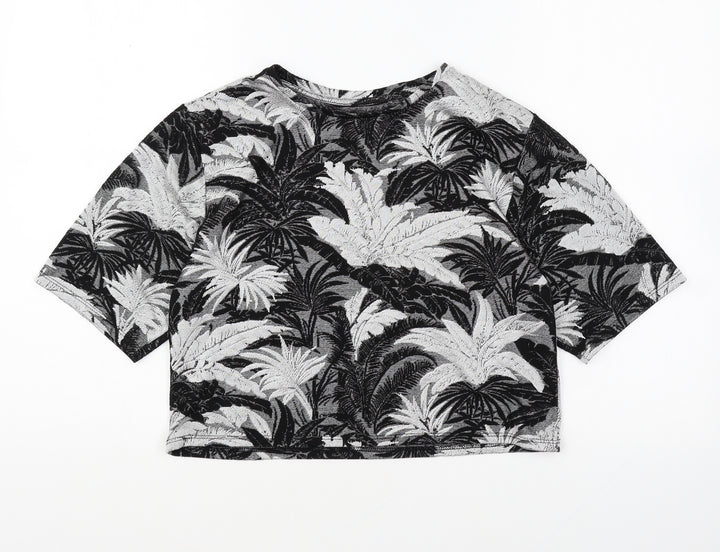 Topshop Womens Grey Geometric Polyester Cropped T-Shirt Size 4 Round Neck - Leaf Print