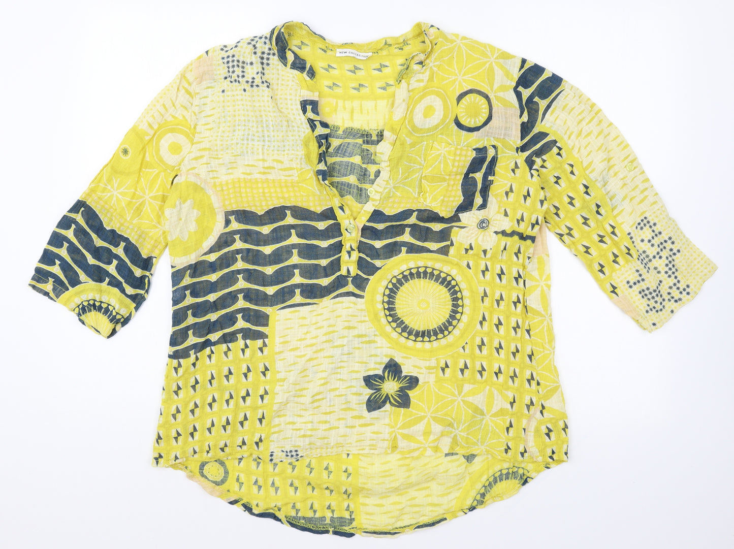 New Collection Womens Yellow Geometric Linen Basic Blouse Size L V-Neck