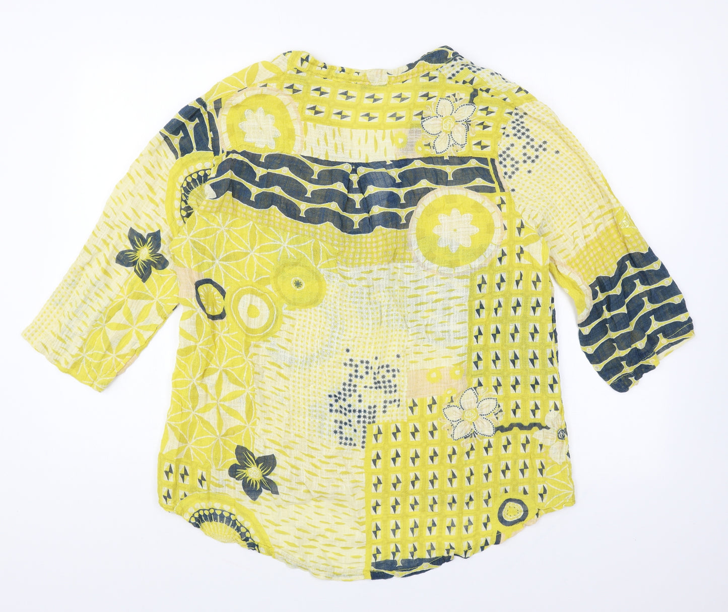 New Collection Womens Yellow Geometric Linen Basic Blouse Size L V-Neck