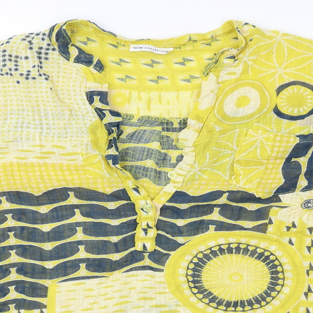 New Collection Womens Yellow Geometric Linen Basic Blouse Size L V-Neck