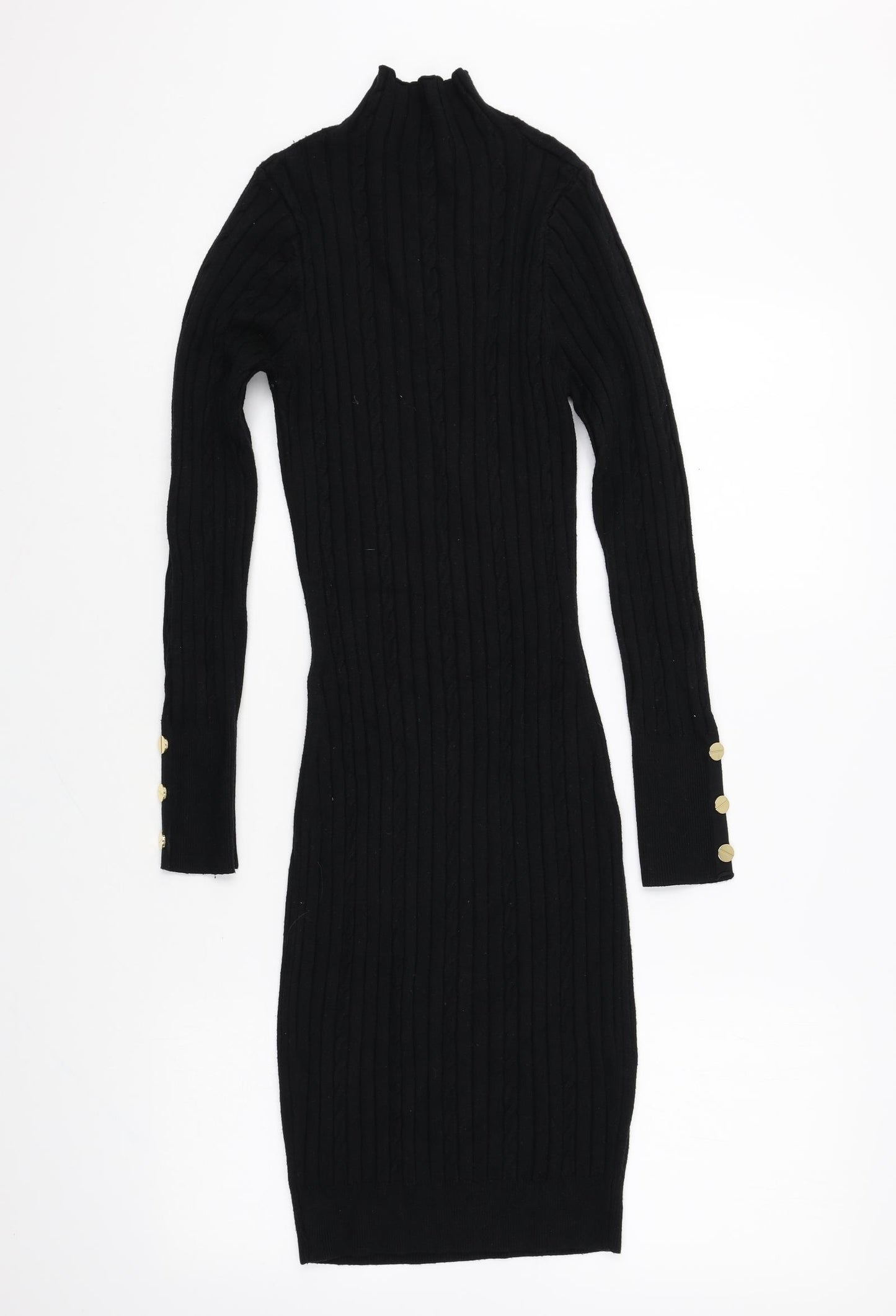 QED London Womens Black Polyester Jumper Dress Size S High Neck Pullover - Ribbed