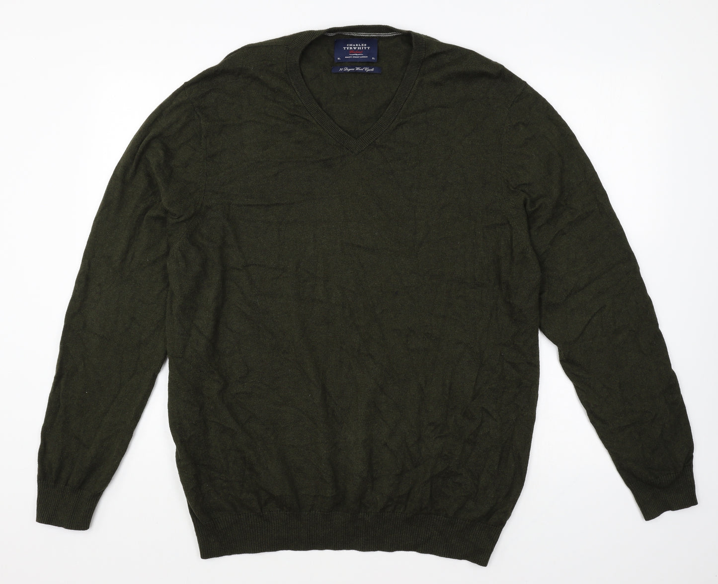 Charles Tyrwhitt Mens Green V-Neck Wool Pullover Jumper Size XL
