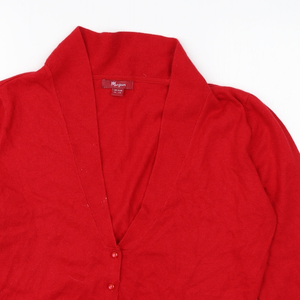 Monsoon Womens Red V-Neck Cotton Cardigan Jumper Size 14