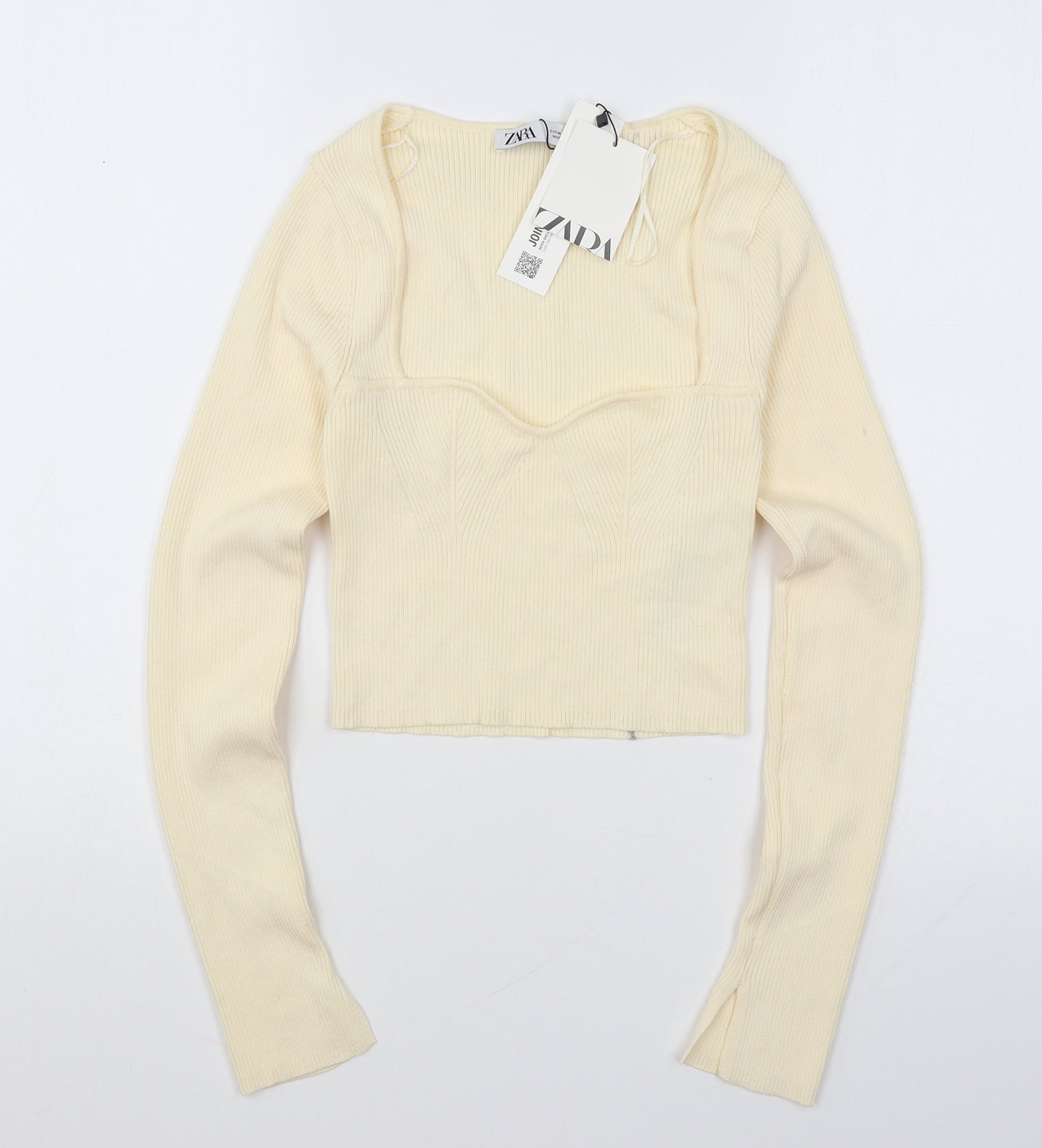 Zara Womens Beige Viscose Cropped Blouse Size M Square Neck - Ribbed