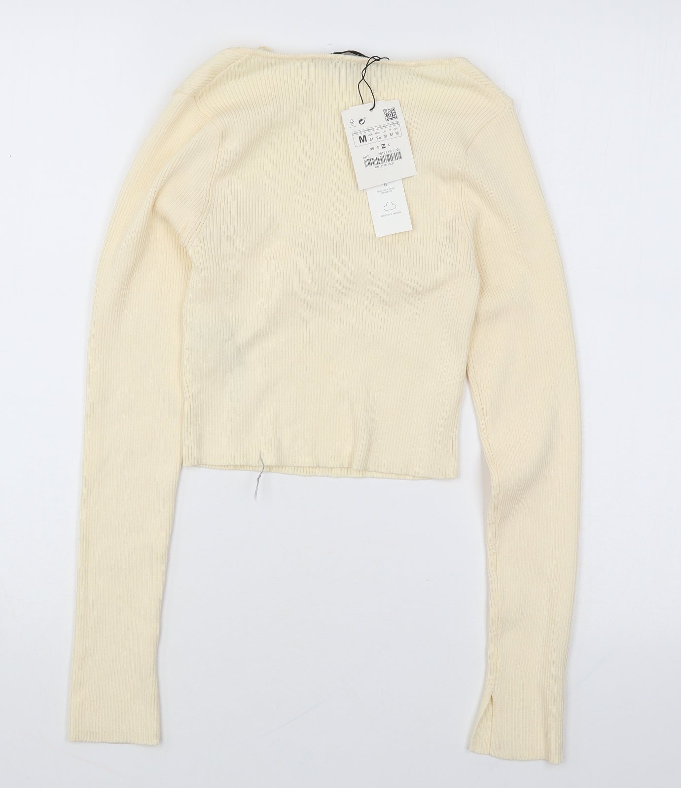 Zara Womens Beige Viscose Cropped Blouse Size M Square Neck - Ribbed