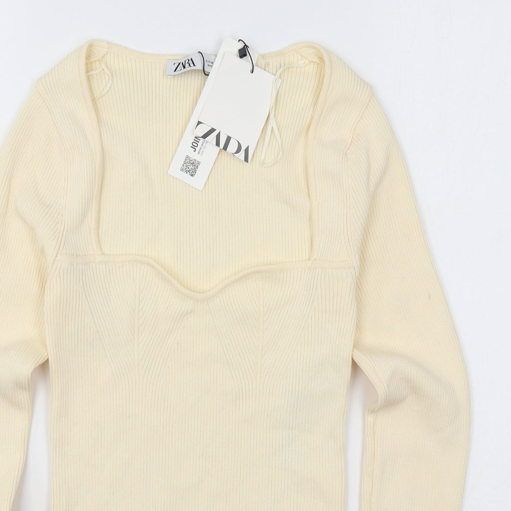 Zara Womens Beige Viscose Cropped Blouse Size M Square Neck - Ribbed