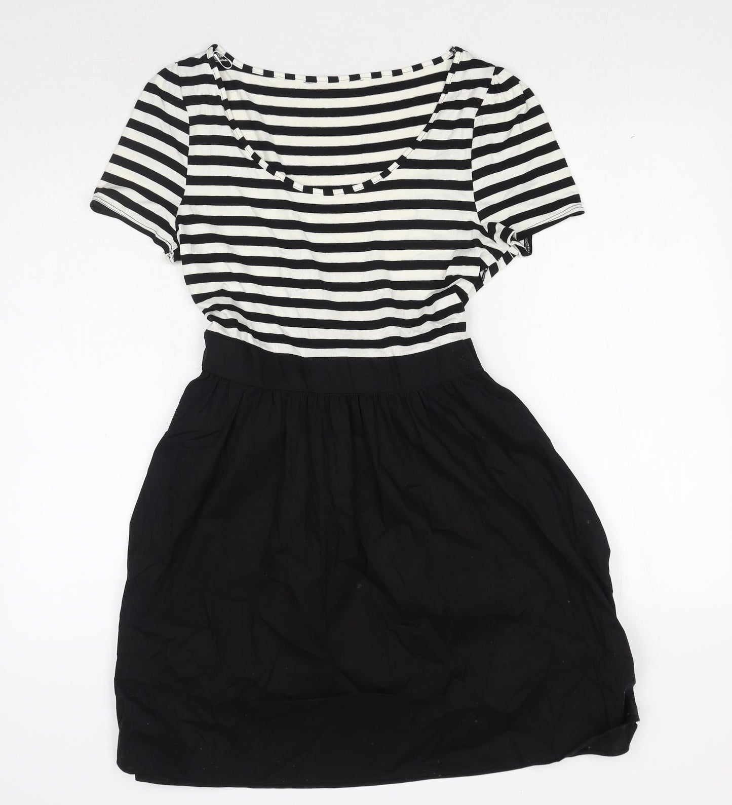 F&F Womens Black Striped Viscose Skater Dress Size 14 Round Neck Zip